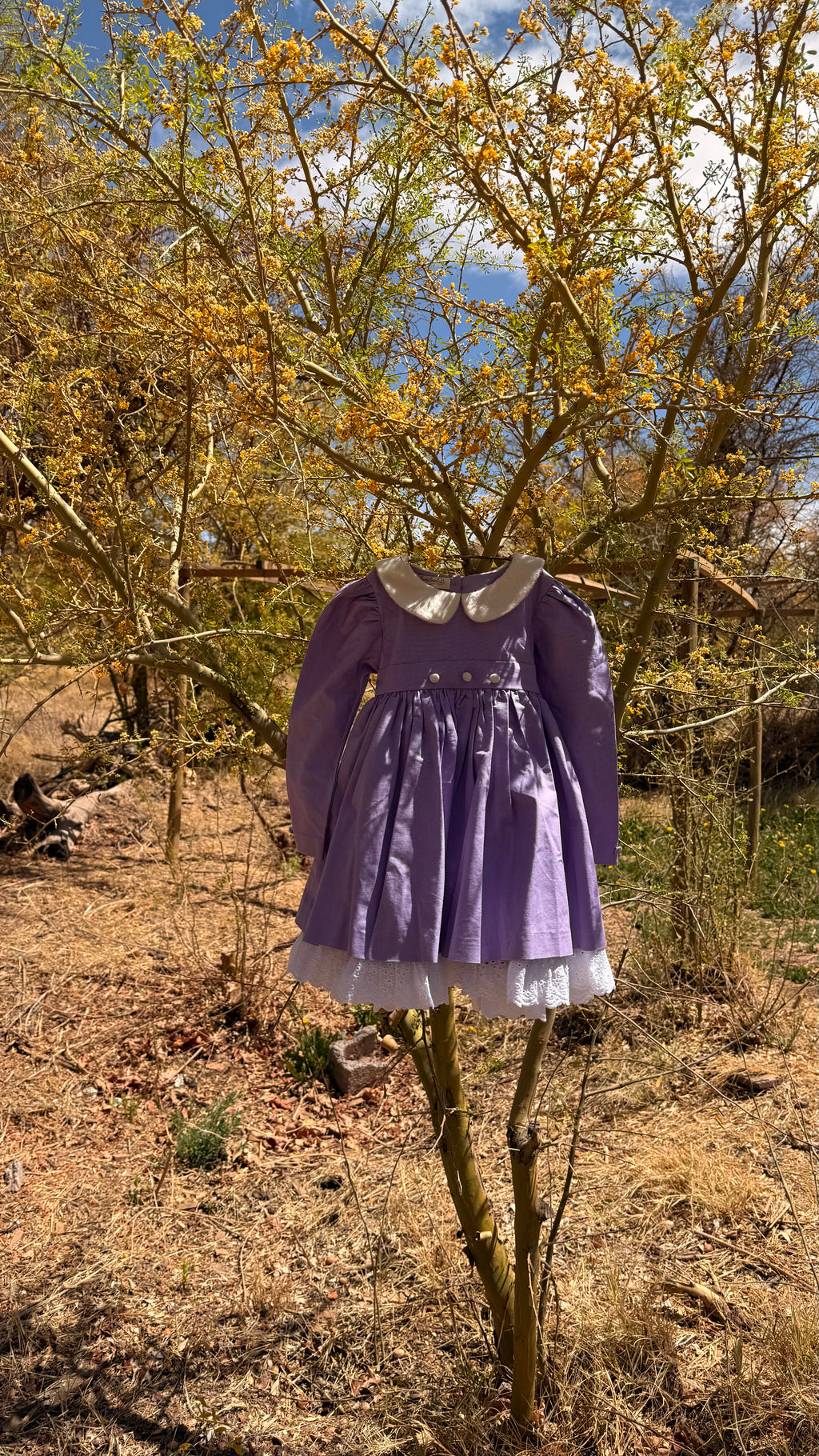 Vestido infantil con cuello y botones en baby alpaca y ruedo en broderie  a mano. Forro en algodón pima hipoalergénico. Riso di luna