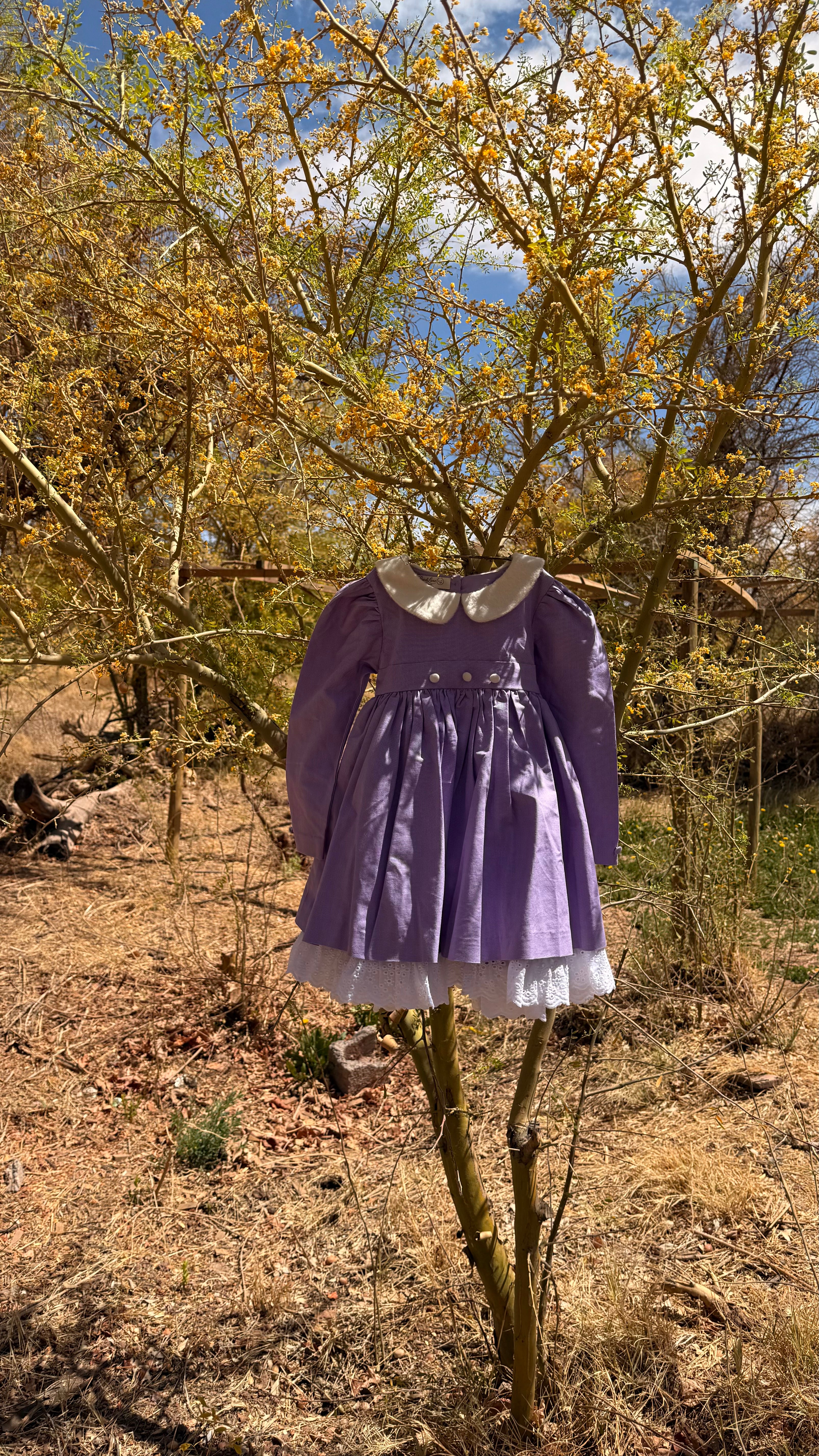 Vestido infantil con cuello y botones en baby alpaca y ruedo en broderie  a mano. Forro en algodón pima hipoalergénico. Riso di luna